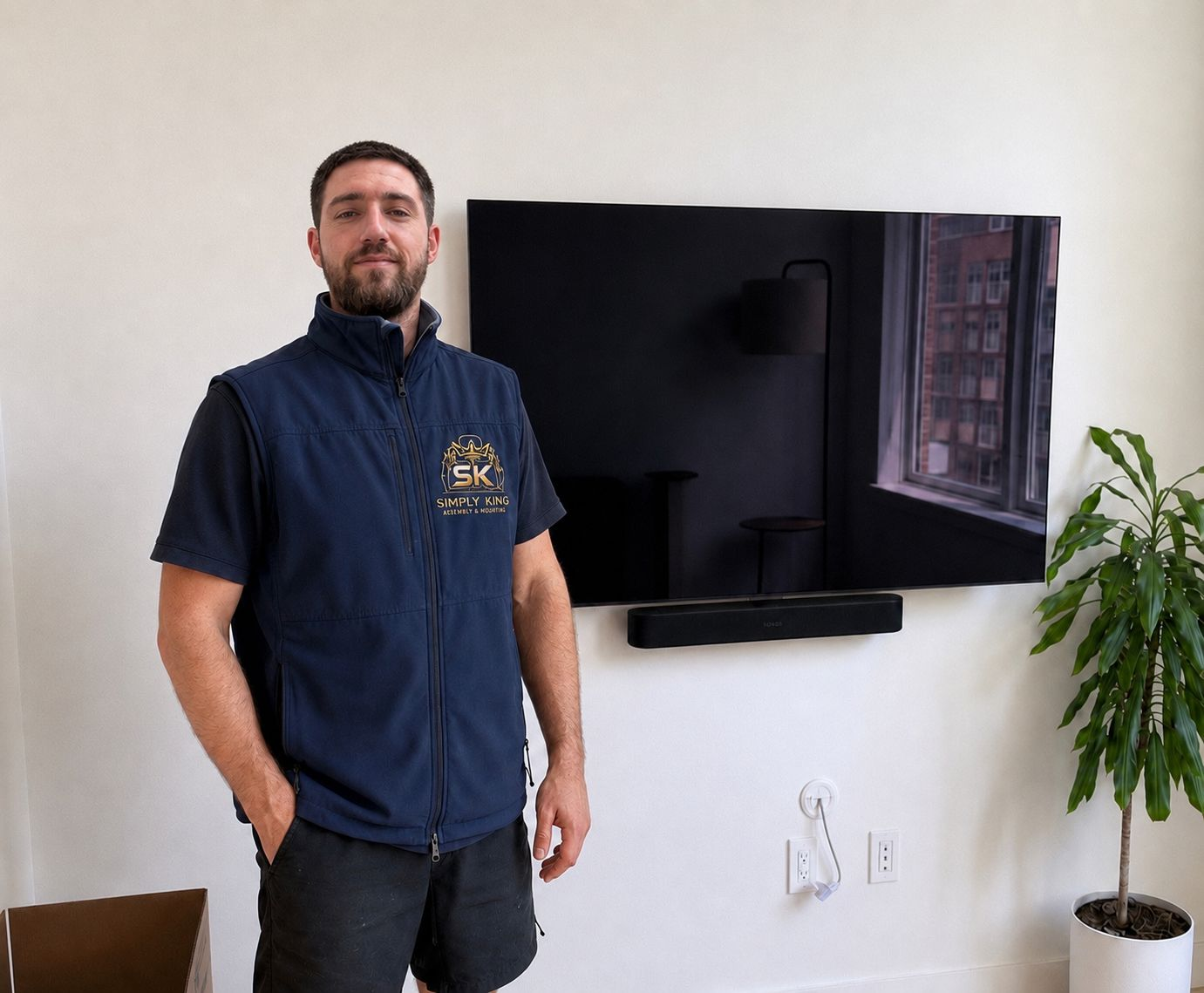Simply King technician beside a TV and soundbar mounted in a New York City apartment