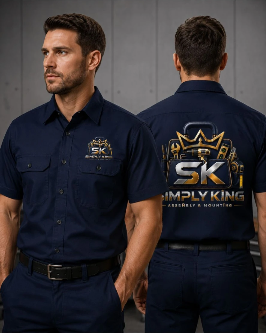 Simply King technicians in navy uniforms with the gold SK crown logo