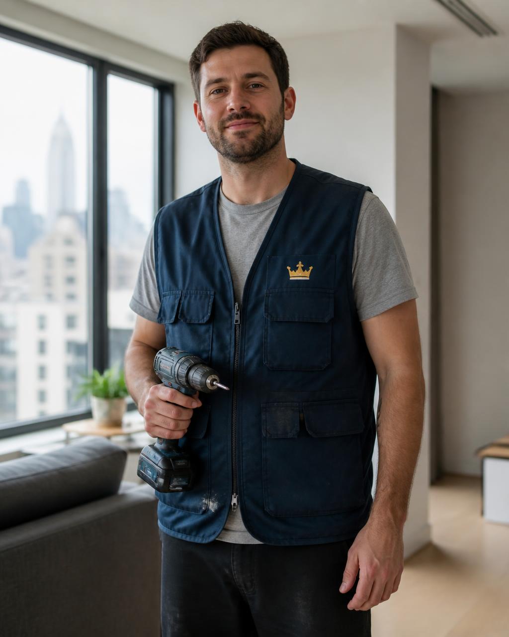 Simply King technician in a navy vest holding a cordless drill in a Manhattan apartment