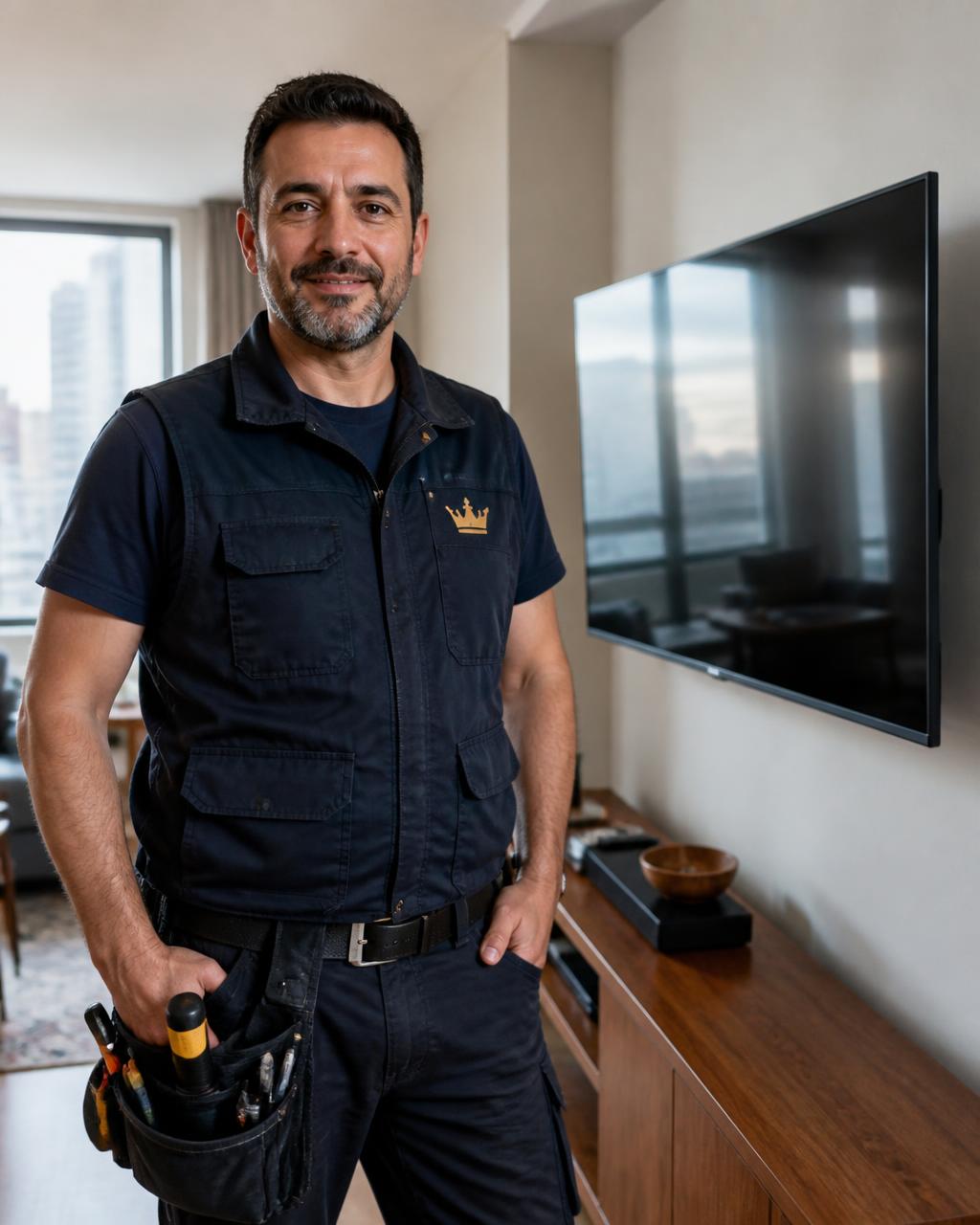 Simply King technician with a tool belt beside a wall-mounted flat screen TV